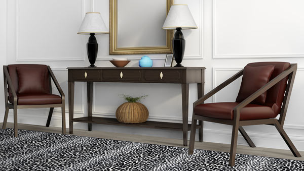 black and white cheetah-patterned rug with modern wood-and-leather chairs and wood side table
